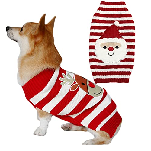 Xinwcang 2 Stücke Haustier Kleidungsset Weihnachtskostüm Pullover Hunde Katzen Rollkragenpullover Weihnachts Strickpullover Strickwaren - Rot Weiß REH & Weihnachtsmann, L von Xinwcang