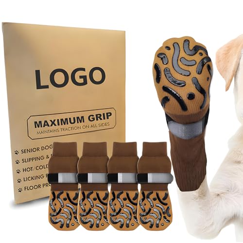 Xiuyer Hundesocken, 2 Paar Doppelseitige rutschfeste Hundesocken, Weiche Socken zum Schutz der Hundepfote mit Verstellbarem Velcro-Verschlüssen für Den Innenbereich(Gelb, L) von Xiuyer