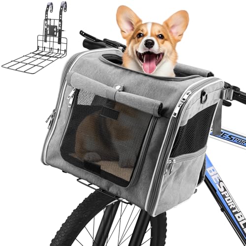 Hundekorb für Fahrrad, faltbarer 3-in-1-Haustier-Fahrradkorb, Crossbody, Schulter und Handheld für kleine und mittelgroße Haustiere bis zu 12 kg, mit stabiler L-Halterung und 4 Netzfenstern, Grau von Xixter