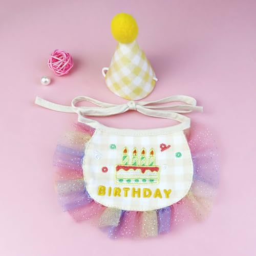 2 teiliges Haustier Hut Schal Set, Katzen Deko Geburtstag mit Happy Birthday Banner, Haustier-Schleife, Kegelhut, Katze, Prinzessinnen Kostüme, Hunde-Lätzchen, Partyzubehör, Deko (gelb,1pcs) von Xiyocadt