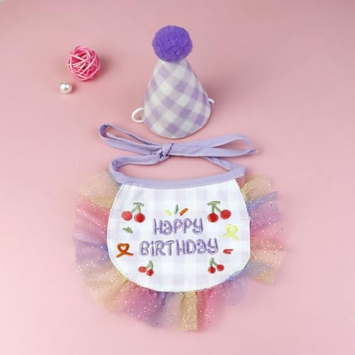 2 teiliges Haustier Hut Schal Set, Katzen Deko Geburtstag mit Happy Birthday Banner, Haustier-Schleife, Kegelhut, Katze, Prinzessinnen Kostüme, Hunde-Lätzchen, Partyzubehör, Deko (lila,1pcs) von Xiyocadt
