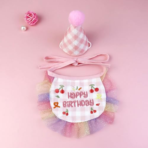 2 teiliges Haustier Hut Schal Set, Katzen Deko Geburtstag mit Happy Birthday Banner, Haustier-Schleife, Kegelhut, Katze, Prinzessinnen Kostüme, Hunde-Lätzchen, Partyzubehör, Deko (rosa,1pcs) von Xiyocadt