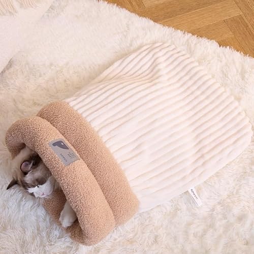 Schlafsack Hund & Katzen Schlafsack Winter - Wärmendes Haustiernest für Katzen und Hunde, Kuschelbett zum Ausruhen & Verstecken für Zuhause, Auto, Weihnachten (Off-White,M) von Xiyocadt