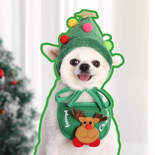 Sofenthiss Entzückende Weihnachtsbaum-Pompon-Mütze, Weihnachtssets für Katzen und Hunde, Entzückende Weihnachtsbäume-Pompon-Mützen und Lätzchen für Haustiere (D) von Xiyocadt