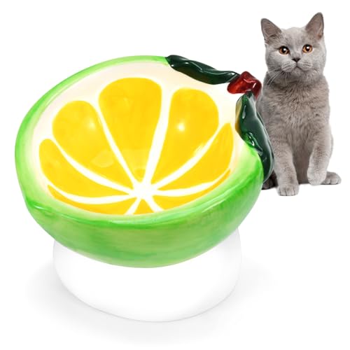 Xncooy Erhöhte Katzennäpfe, 15° geneigte Keramik-Katzenfutterschale schützt die Wirbelsäule der Katze, niedliche Zitronenform, Keramik-Katzennapf für Wasser, Futter und Leckereien von Xncooy