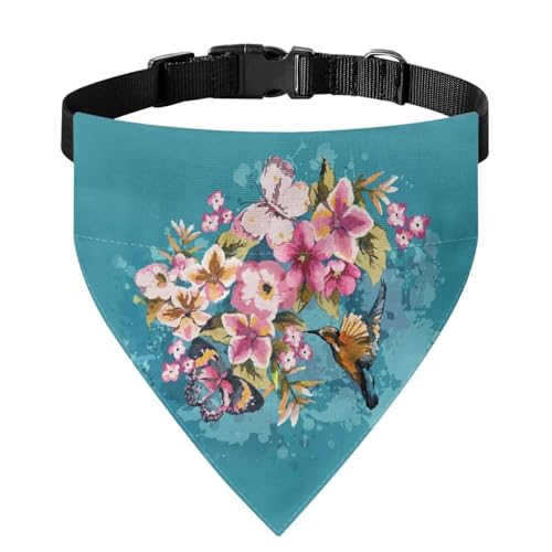 Xoenoiee Bandana für Hunde und Katzen, Wasserfarben, Kolibri, Schmetterling, Blumendruck, verstellbares Hundehalstuch, Halsband mit Schnalle, wendbar, Haustierkleidung, für kleine Haustiere von Xoenoiee