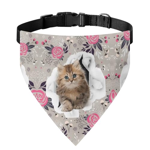 Xoenoiee Bandana mit niedlichem Katzen-Blumendruck, weiches Katzen-Hunde-Halstuch, Halsband mit verstellbarer Schnalle und Metallring zum Aufhängen der Leine, Haustier-Lätzchen, Kostüm, passend für von Xoenoiee