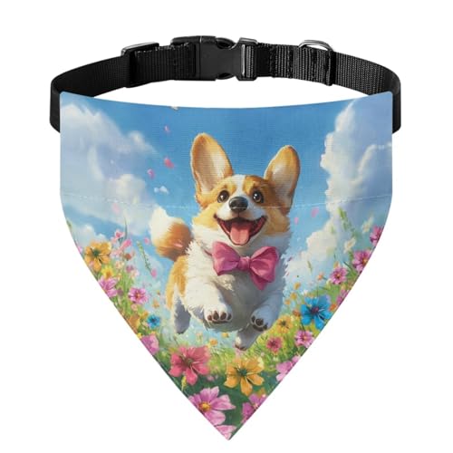Xoenoiee Corgi Dog Hundehalstuch, buntes Blumenmuster, bequem, wendbar, verstellbar, mit Schnalle und Metallring, Größe M von Xoenoiee