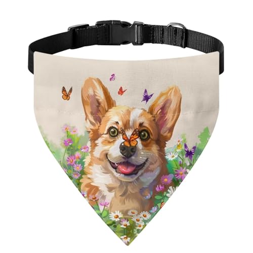 Xoenoiee Corgi Hundehalstuch, Schmetterlings-Blumenmuster, Katzen-Halstuch, weiches Halstuch, verstellbares Haustier-Kostüm, Haustier-Bandana mit Schnalle und Metallring für einfache Befestigung der von Xoenoiee