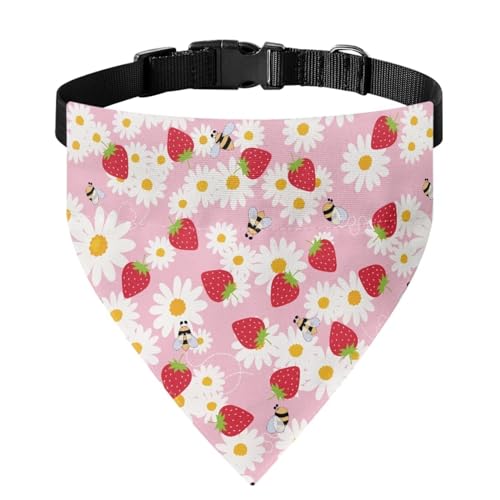 Xoenoiee Hundehalstuch, Erdbeere, Biene, Gänseblümchen-Druck, bequem, wendbar, verstellbar, mit Schnalle und Metallring, Haustier-Bandana, Halsband, für große Haustiere von Xoenoiee