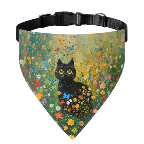 Xoenoiee Hundehalstuch, Halsband mit Katzen- und Blumenmuster, weich, verstellbar, mit Schnalle und Metallring, Größe M, Schwarz von Xoenoiee