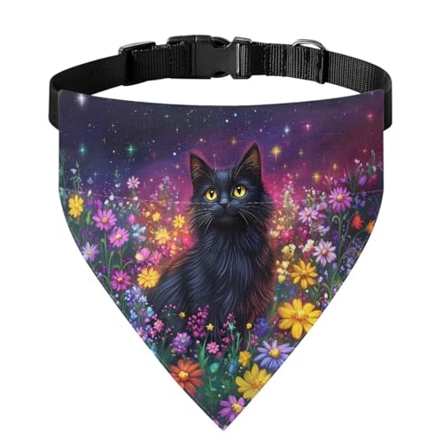 Xoenoiee Hundehalstuch, Motiv: schwarze Katze, buntes Gänseblümchenmuster, verstellbar, mit Schnalle, wendbar, Größe S von Xoenoiee