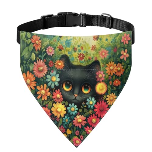 Xoenoiee Hundehalstuch, Motiv: schwarze Katze, lebendiges Gänseblümchenmuster, bequem, wendbar, verstellbar, mit Schnalle und Metallring, Größe M von Xoenoiee