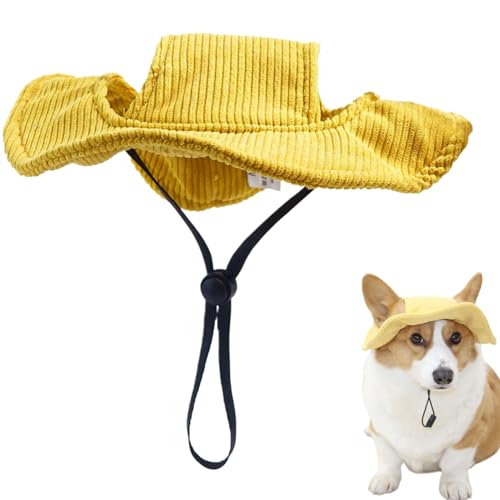 Hundesonne Hut, Verstellbarer Hundebahnhut mit Ohrlöchern, Sonnenschutzstrand mit runden Krempe, tragbare Hüte für Hunde 3, 5-7, 5 kg, Gelb von Xoeryoy