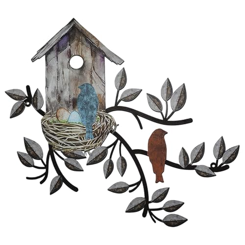 Metall Vogel Wanddekoration, hängende Vogelwandkunst mit Baumblatt Vogelhaus für Wohnzimmer Balkon Garten Yard Innen im Freien 11.81 x 10, 75 Zoll, Dunkelbraun von Xoeryoy