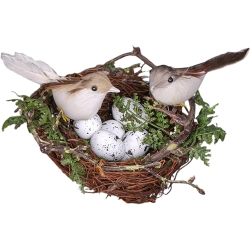 Vogelnestdekor, 5, 9 Zoll Rattan Vogelhäuser mit 2 Vögeln und 5 Eiern für Garten Yard Home Osterndekoration von Xoeryoy
