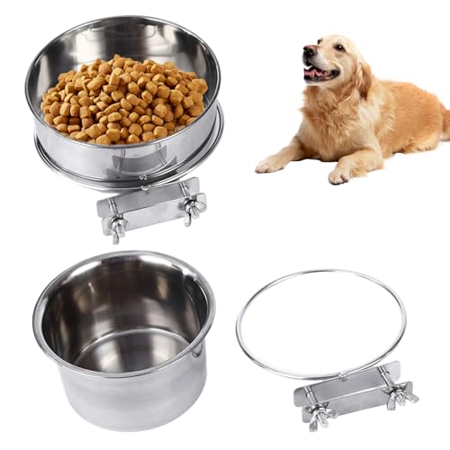 Xoeryoy 2pcs Hundwasserschüssel hängende Edelstahl Metallhundfutter Schüssel ohne Verschüttung montierbar anhaftbares kleines und mittelgroßes Fütterungsschale Haustierfutter für Käfig von Xoeryoy
