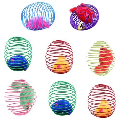Xoeryoy 8pcs Katzenfeder Spielzeug Interaktive Spaß Plüsch Katze Mausspielzeug in elastischer Federkäfig DIY Füllung Jingle Kugeln Pelzen Bälle Katzenminze mehr, zufällige Farbe von Xoeryoy