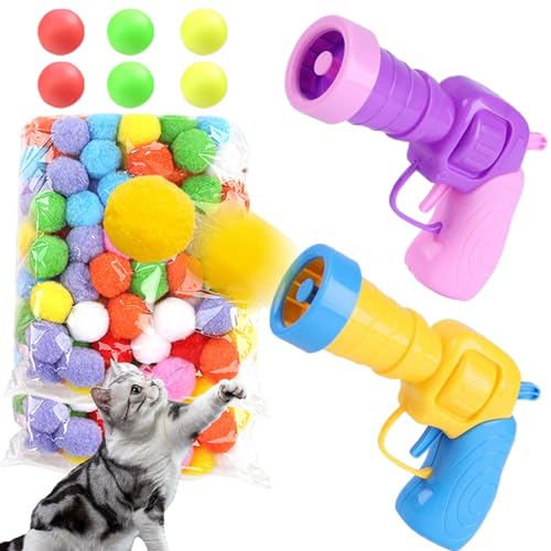 Xoeryoy Catball -Spielzeug, 2pcs Cat Ball Launcher mit 100 elastischen Plüschkugeln, weiche Pompons für Innen- und Außen von Xoeryoy