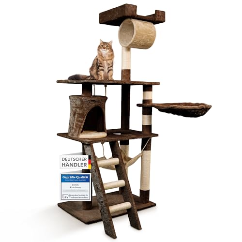 Foxdevil by xonic® Stabiler Kratzbaum für Katzen - Vielseitiger Katzenkratzbaum mit Aussichtsplattform, Hängematte, Kuschelhöhle, Spielkordel, Treppe – 141 cm Hoch – (Braun/Beige V1) von Xonic