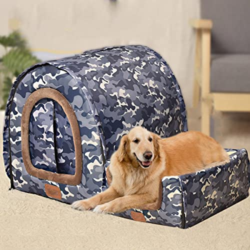 Extra großes Jumbo-Hundebett, beruhigende Hundehütte mit Vorhang, faltbares 2-in-1-Hundesofakissen, warmer Haustierschutz, waschbar (2XL-92 x 68 x 72 cm, Muster-G) von Xpnit