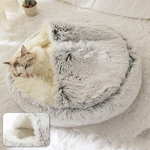 Xpnit Katzenbett,Kuschelhöhle Halbgeschlossenes Schlafsack Warm Plüsch Rund Katzenhaus Schlafplatz Bett für Katzen Klein Haustier,maschinenwaschbar Flauschi Katzenhöhle (65cm,Grau-Plüsch) von Xpnit