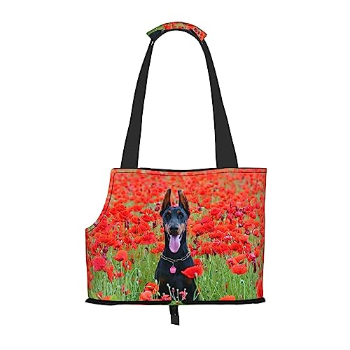 Dobermann-Pinscher in den Blumen, weiche Seiten-Reise-Haustier-Tragetasche, Handtasche, tragbare kleine Haustier-Tragetasche, Umhängetasche von XqmarT