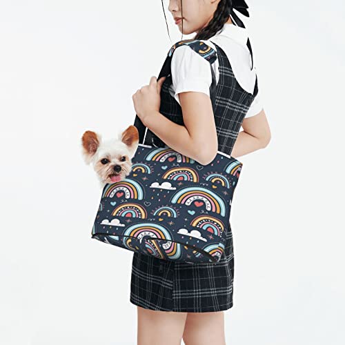 Liebesherzen mit Regenbogen, weiche Seiten-Reise-Transporttasche für Haustiere, Handtasche, tragbare kleine Haustier-Transporttasche, Umhängetasche von XqmarT