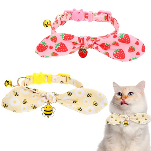 Katzenhalsband mit Schleife, mit Glöckchen und Anhänger, verstellbare Kätzchen-Halsbänder mit Sicherheitsschnalle für Mädchen, Jungen, Katzen, Welpen und kleine Haustiere (Rosa + Gelb), 2 Packungen von Xthrotsenk