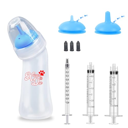 Xuanda Haustier-Futterflasche und Spritzen, 3 Größen Nippel mit Belüftungsventil, resistent reißend, perfekt für Welpen, Kätzchen, kleine Wildtiere (Blau) von Xuanda