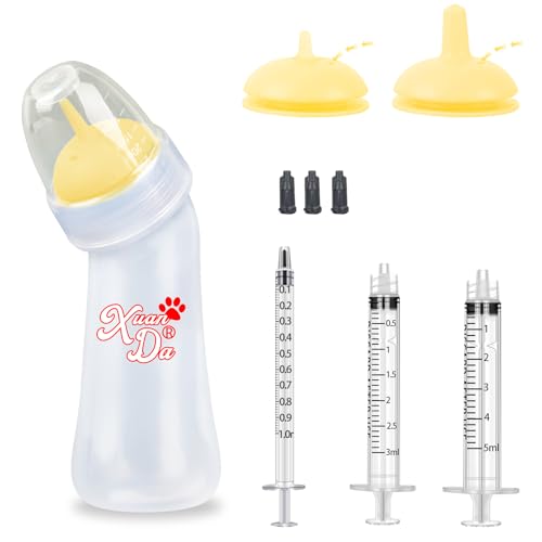 Xuanda Haustier-Futterflasche und Spritzen, 3 Größen Nippel mit Belüftungsventil, resistent reißend, perfekt für Welpen, Kätzchen, kleine Wildtiere (Gelb) von Xuanda