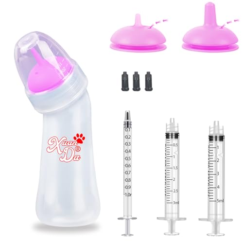 Xuanda Haustier-Futterflasche und Spritzen, 3 Größen Nippel mit Belüftungsventil, resistent reißend, perfekt für Welpen, Kätzchen, kleine Wildtiere (Rosa) von Xuanda