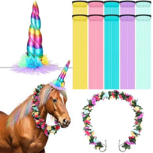 XunYee 12 Stück Pferde Kostüm Bling Zubehör Floral Spirale Horn 10 Mähne und Schwanz Clip in Haarverlängerungen Bling Pony Lametta Rose Blume Rebe für echtes Pferd Geburtstag Party Dekor XunYee 12 Stück Pferde Kostüm Bling Zubehör Floral Spirale Horn 10 Mähne und Schwanz Clip in Haarverlängerungen Bling Pony Lametta Rose Blume Rebe für echtes Pferd Geburtstag Party Dekor von XunYee
