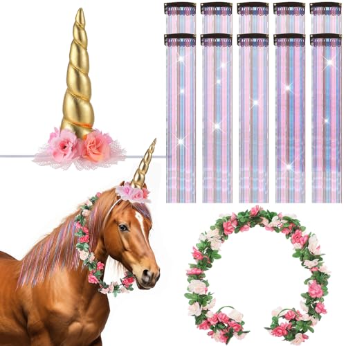 XunYee 12 Stück Pferde Kostüm Bling Zubehör Floral Spirale Horn 10 Mähne und Schwanz Clip in Haarverlängerungen Bling Pony Lametta Rose Blume Rebe für echtes Pferd Geburtstag Party Dekor XunYee 12 Stück Pferde Kostüm Bling Zubehör Floral Spirale Horn 10 Mähne und Schwanz Clip in Haarverlängerungen Bling Pony Lametta Rose Blume Rebe für echtes Pferd Geburtstag Party Dekor von XunYee