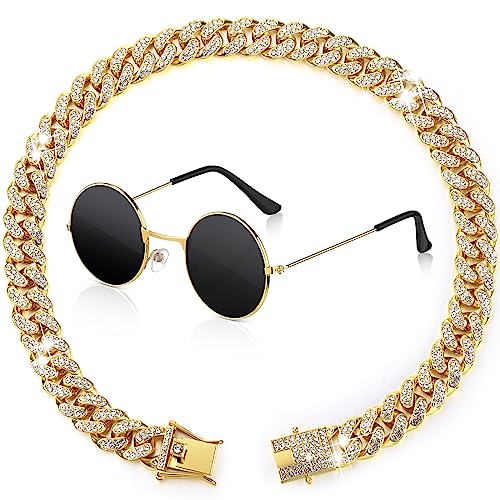 Xuniea 2-teiliges Set aus Halsband und Sonnenbrille, Strasshalsband mit sicherer Schnalle, runde Brille (Gold, Schwarz, 45,7 cm) von Xuniea