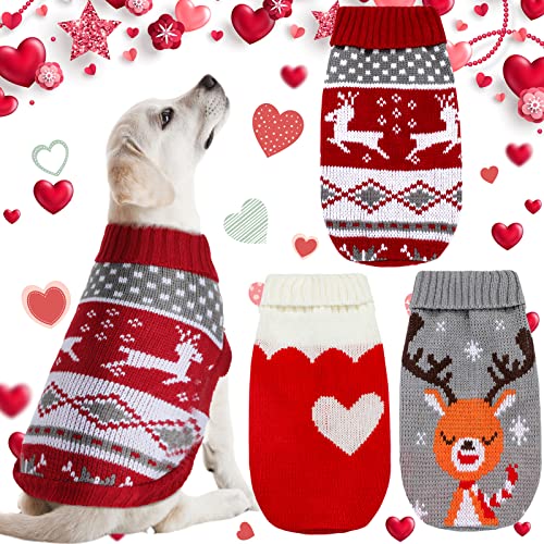 3 Muster Weihnachten Vintage Hundepullover Urlaub Rentier Rot Herz Stil Hundekleidung Neujahr Weich Welpen Pullover Warme Haustier Pullover für kleine Hunde und Katzen (XL) von Xuniea