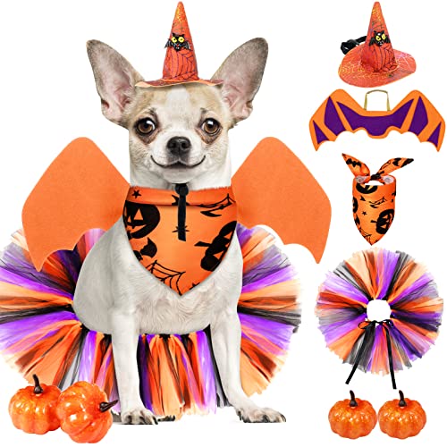 6 Stück Halloween Haustier Kostüm Set Hunde Kostüm inklusive Hexenhut Halloween Bandana Haustier Tutu Rock Flügeln und Künstlichen Kürbissen Kätzchen Kostüm für Haustier Geburtstag Deko von Xuniea