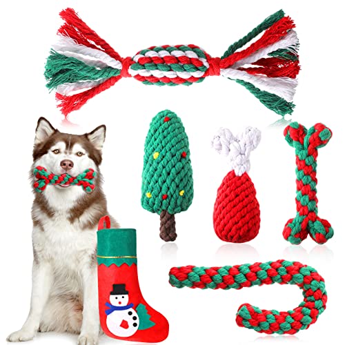 6 Stück Weihnachten Kauspielzeug Hunde Hundeseil Spielzeug für Haustiere Weihnachtsstrümpfe Weihnachtsbaum Spazierstock Knochen Hühnerbein Bonbon Form Kauspielzeug von Xuniea