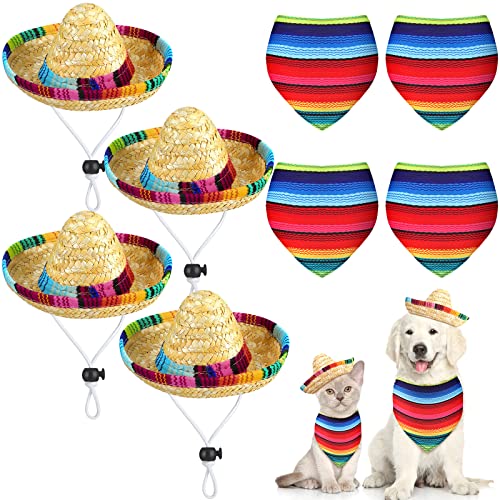 8 Stück Mexikanisches Hunde Kostüm Zubehör Cinco De Mayo Fiesta Mexikanische Party Deko Mexikanische Party Hund Hüte und Bunt Gestreift Hund Bandana Dreieckiges Lätzchen Haustier Schal von Xuniea