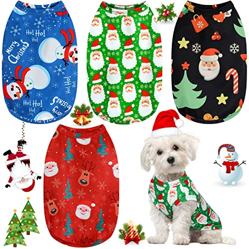 Hunde-Weihnachtshemd, atmungsaktiv, für Welpen, Weihnachtsmann, Schneemann, Rentier, Hunde-Shirt, Weihnachtsbaum, Schneeflocken, Hundebekleidung für Weihnachtsfeier, kleine Hunde, Größe M, 4 Stück von Xuniea