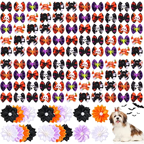 Xuniea 120 Stück Halloween Hunde Haarschleifen Hunde Schleifen mit Gummibänder Pflege Blumen Schleife für Hunde Yorkie Hunde Haarschleifen Strass Perle für Kleine Hündchen Haarpflege Zubehör von Xuniea