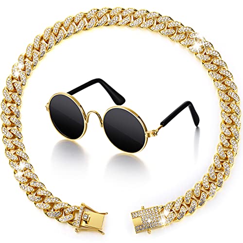 Xuniea 2-teiliges Set aus Halsband und Sonnenbrille, Strasshalsband mit sicherer Schnalle, runde Brille (Gold, Schwarz, 30,5 cm) von Xuniea