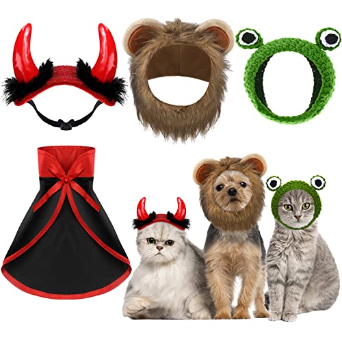 Xuniea 4 Stück Halloween Haustier Kostüm Katze Löwenmähne Kostüm Vampir Umhang Teufel Hut Frosch Hut Katze Kleine Hunde Outfits für Halloween Party Haustier Cosplay von Xuniea