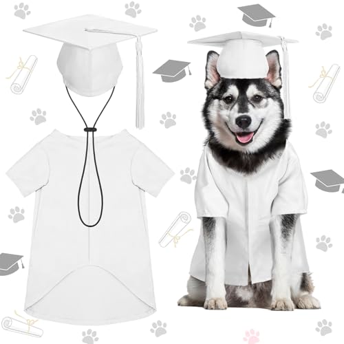 Xuniea Hundekostüm-Set 2025, Abschlusskappe und Kleid, Welpenhut mit Quaste, mattes Haustier-Outfit, Katzen, Abschluss, Bär, Urlaub, Party, Kostüm, Zubehör (Weiß, Größe L) von Xuniea