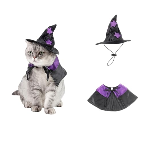 Halloween-Hexenumhang für Hunde, Zaubererhut, lustige Zauberer-Katzenkleidung, Halloween-Haustier-Zaubererkostüm, Hexenumhang und Hut-Set für Katzen und Hunde Halloween-Hexenumhang für Hunde, Zaubererhut, lustige Zauberer-Katzenkleidung, Halloween-Haustier-Zaubererkostüm, Hexenumhang und Hut-Set für Katzen und Hunde von Xusdamyj