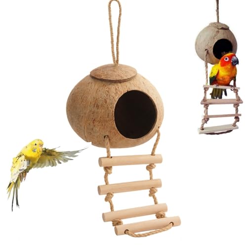 Xusxes Kokosfaser Papageienhaus, Kokosnussschale Vogelnest, Coconut Shell Bird Nest, Wetterfester Nistkasten für Kleine Vögel, Reptilien, Garten - und Tierliebhaber, Beißfest, Atmungsaktiv von Xusxes