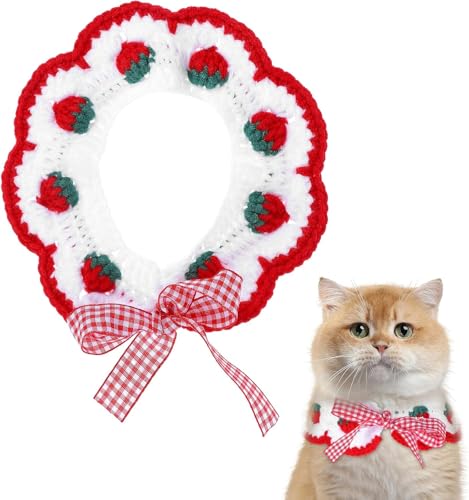 Xuxuejing Katzen-Strickhalsband mit niedlicher Fliege und Erdbeere, handgefertigtes Strickhalsband für Katzen und kleine Hunde, Welpen von Xuxuejing