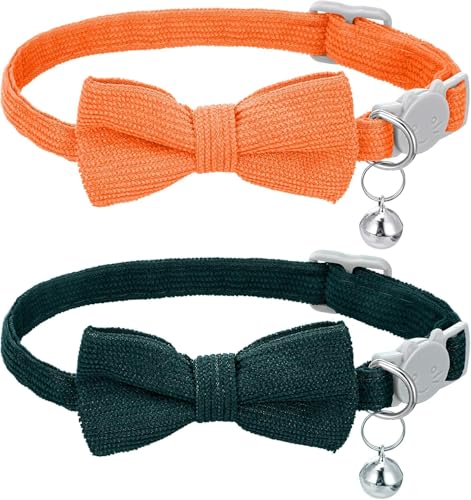 Xuxuejing Katzenhalsband, weiches Kordsamt, Katzenglocken-Halsband mit Fliege, abnehmbar, verstellbar, Sicherheits-Kätzchen-Halsbänder für Haustiere, Orange und Marineblau, 2 Stück von Xuxuejing