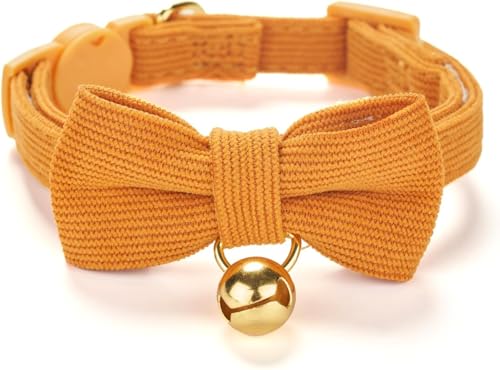 Xuxuejing Weiches Cord-Katzenhalsband mit Glöckchen und Fliege, Sicherheitsverschluss, verstellbar für Kätzchen und Katzen, orange. von Xuxuejing
