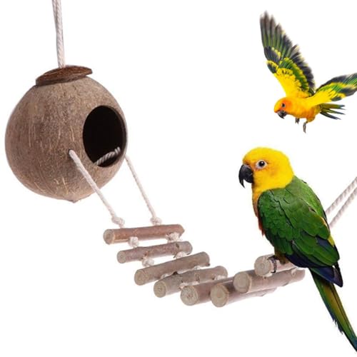 Xweptuy Vogelnest, Kokosnusshängung Sittich Nest natürliche Kokosnuss -Versteck mit Leiter für Käfig dekorative Höhle Happy Hut für kleine Vogel- und Kleinhöhe Haustier Vogelversorgung von Xweptuy